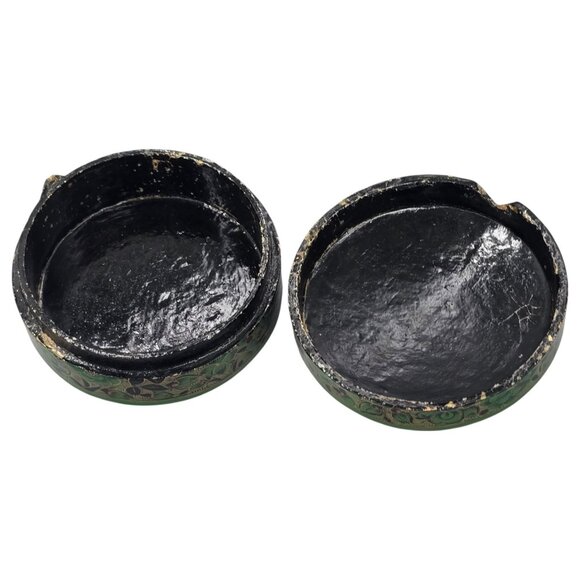 Paper Mache Green Floral Coaster Set Of 6 Storage Box Lacquered Hand Painted - Picture 10 of 15